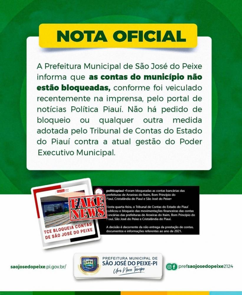 Prefeitura de São José do Peixe emite nota contra fake news de portal