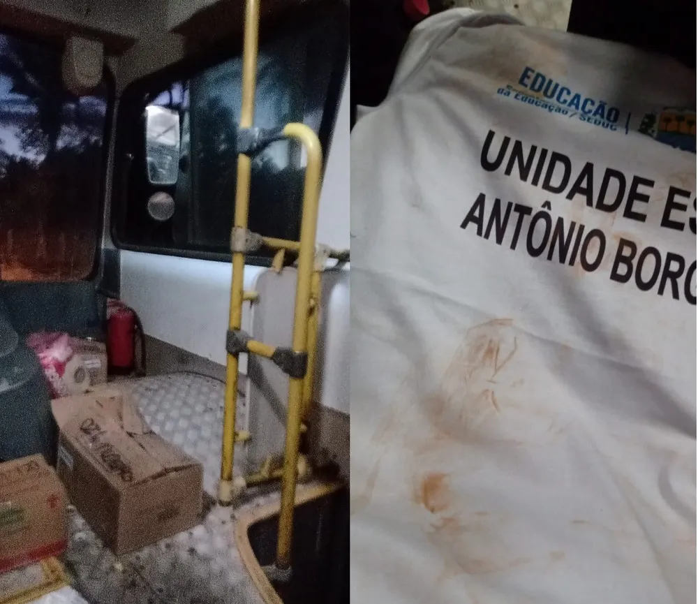 Estudantes são transportados junto a mercadorias em ônibus escolar sem vidros nas janelas