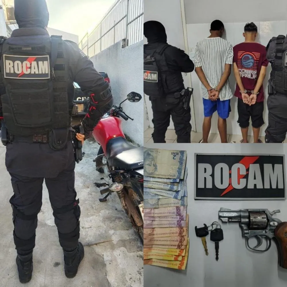 ROCAM prende dois suspeitos de assalto em Floriano-PI e apreende arma, dinheiro e motocicleta furtada