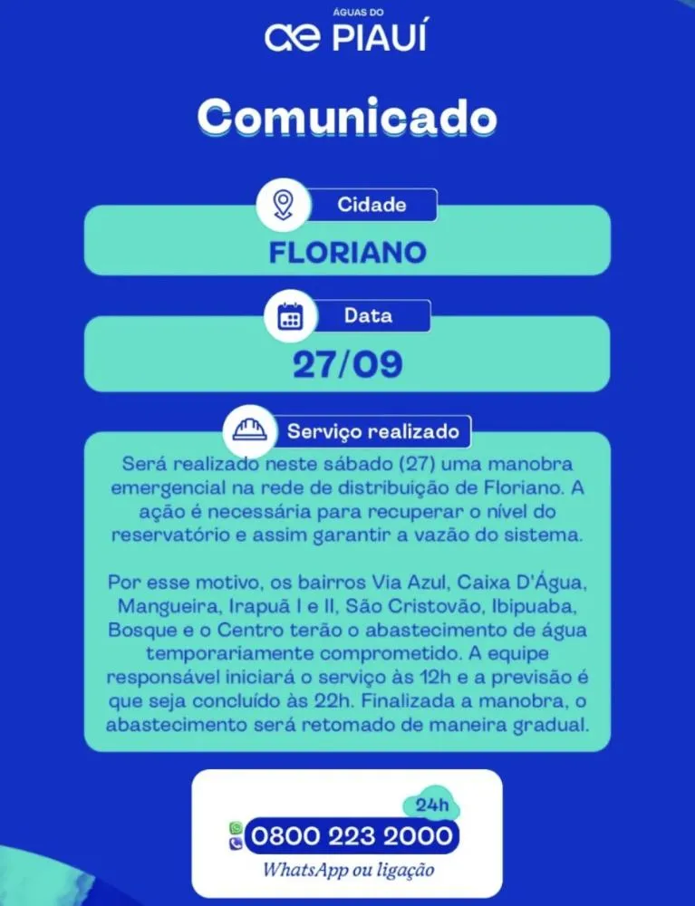Águas do Piauí confirma nova manutenção em Floriano e abastecimento volta a ser suspenso