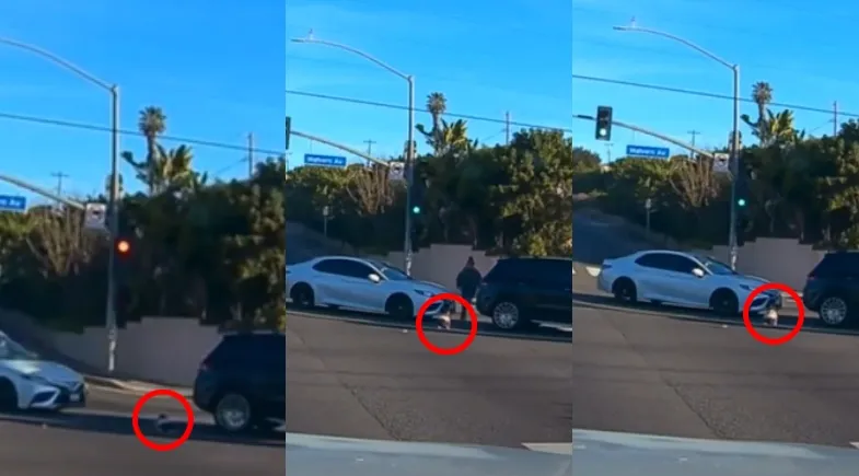 Bebê cai de carro em movimento e quase é atropelado