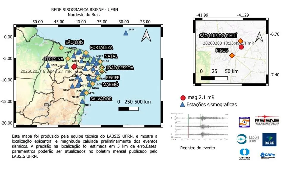Tremor de magnitude 2,1 é registrado em Bocaina, no Piauí; segundo em 48h