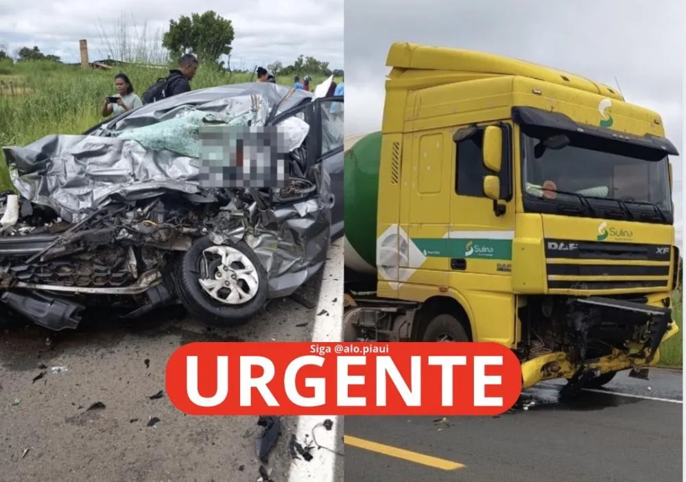 Grave acidente entre carro e caminhão deixa mortos em BR no Piauí; 4 presos às ferragens